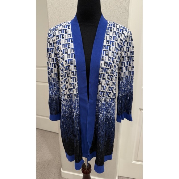 Misook Sweaters - Misook Women's Geometric Knit Cardigan Blue & White Sweater Open Front S